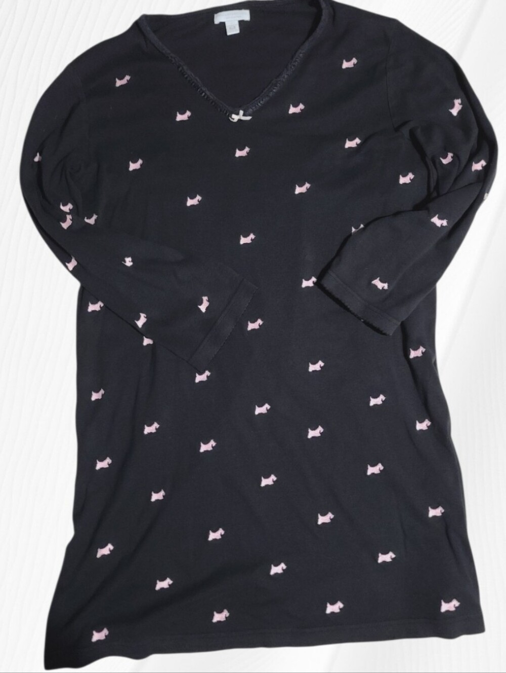 Charter Club Black 3/4 Sleeve Nightie Pink Embroidered Scottie Dogs L